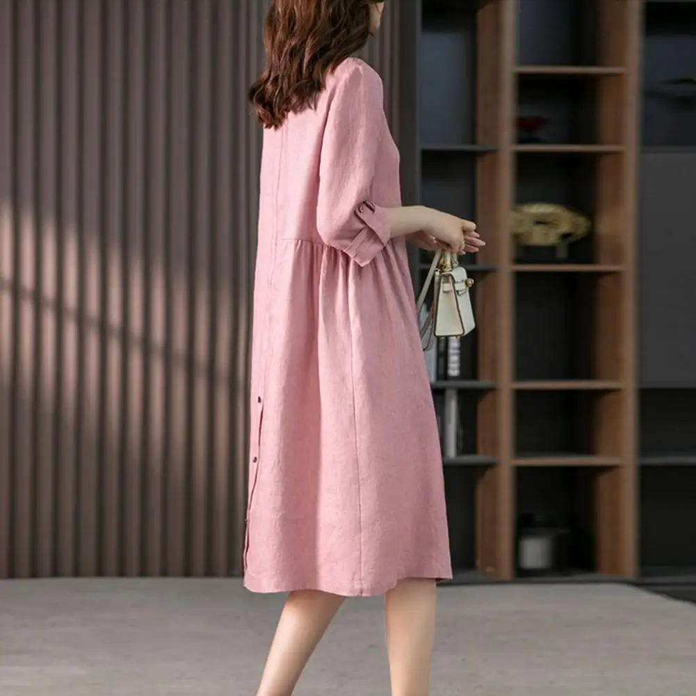 Women Dress Women Solid Color Dress Elegant Lapel Shirt Dress for Women 3/4 Sleeve Midi with High Waist Solid Color Loose Fit