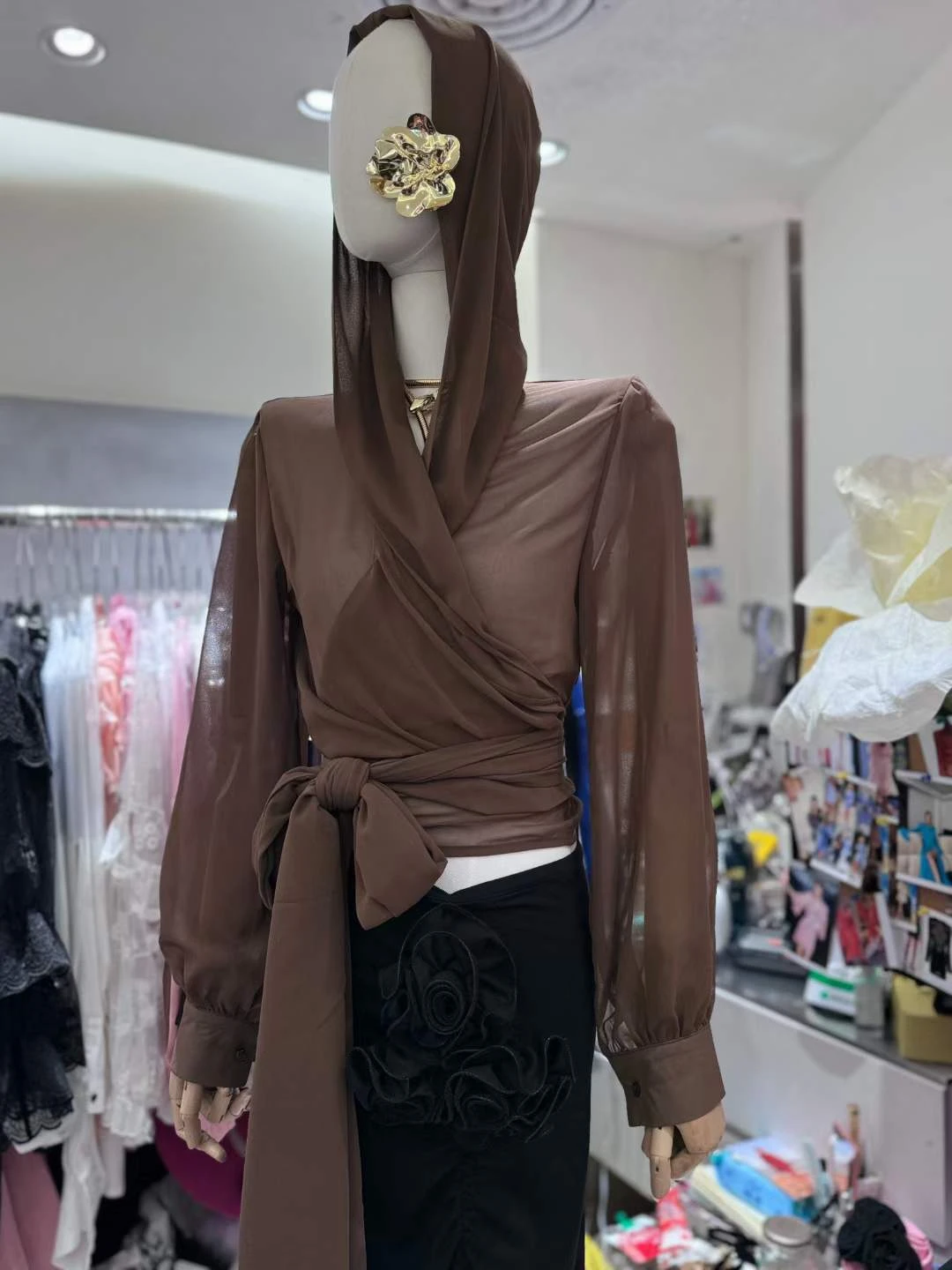 

2025 New Design Sensual Retro One-Piece Hooded Belted irt Women's Faion Commute Sle Slim Fit Long Sve V-Ne Pure Color