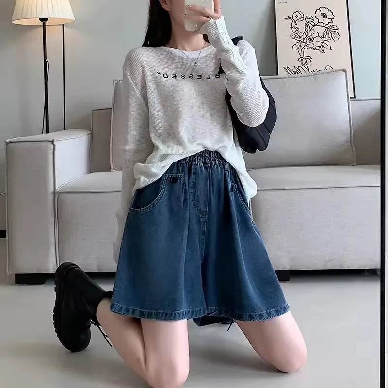 New 2025 Summer Plus Size Denim Shorts For Women High Elastic Wasit Wide Leg Loose Blue Jean Short Women Streetwear Half Jeans