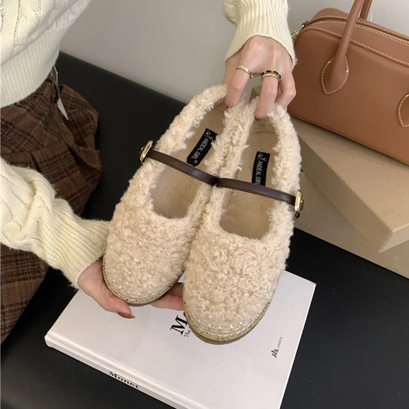 

Leisure Cotton Shoes Snow Pumps For Women 2024 Winter Addition Velvet Warm Flats Round Toe Buckle Wool Shoes Fisherman Mary Jane