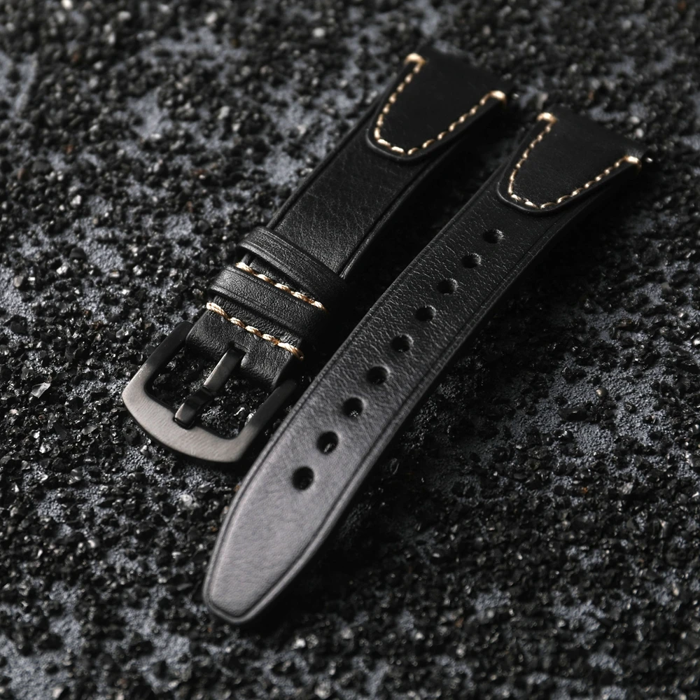 Handmade Head Cowhide Leather Strap, 18 20 22MM Rubbed Color Aged Genuine Leather Men's Watch Practice, Quick Release, Brown Bla