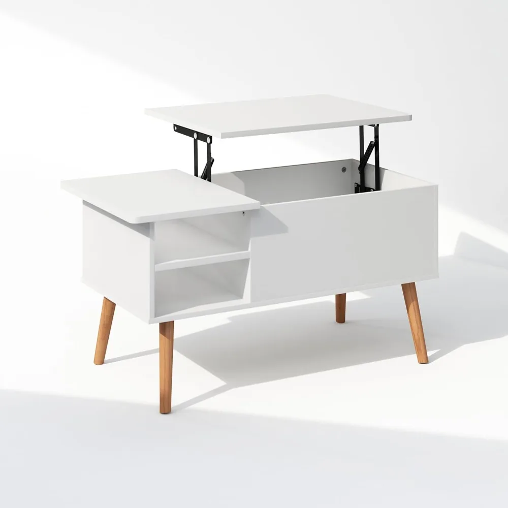 Jensen salontafel met houten poten en hefblad met verborgen compartiment en zijopen opbergplank voor woonkamer, effen wit