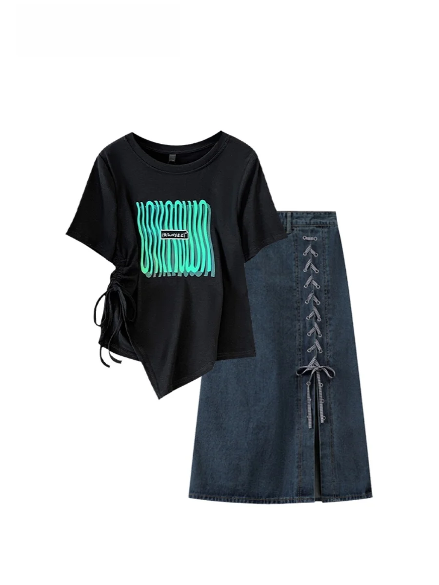

plus Size Summer Slimming T-Shirt And Skirt Set for Women High Waist A-Line Skirt Cover Belly Casual Comfortable Two-Piece Set