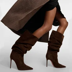 2025 Women's Autumn and Winter New Pleated High-heeled Short Boots with Pointed Sleeves, Women's 35-47 Large Mid Length Boots