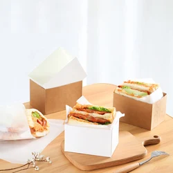 100pcs Kraft Paper Sandwiches Wrapping Box Thick Egg Toast Bread Breakfast Packaging Box Burger Teatime Paper Tray
