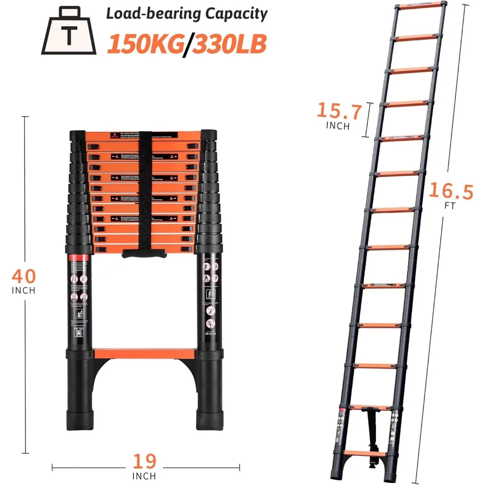 16,5FT telescopische ladder, opklapbare ladder, multifunctionele compacte ladder voor huishoudelijk of buitenwerk, capaciteit 330 lbs