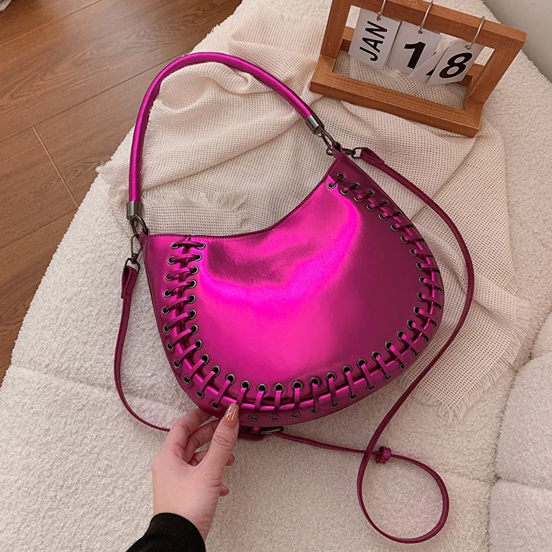 Silver PU Leather Half Moon Design Women Underarm Shoulder Bag Small Handbags 2024 Trendy Luxury Lady Semicircle Crossbody Bag