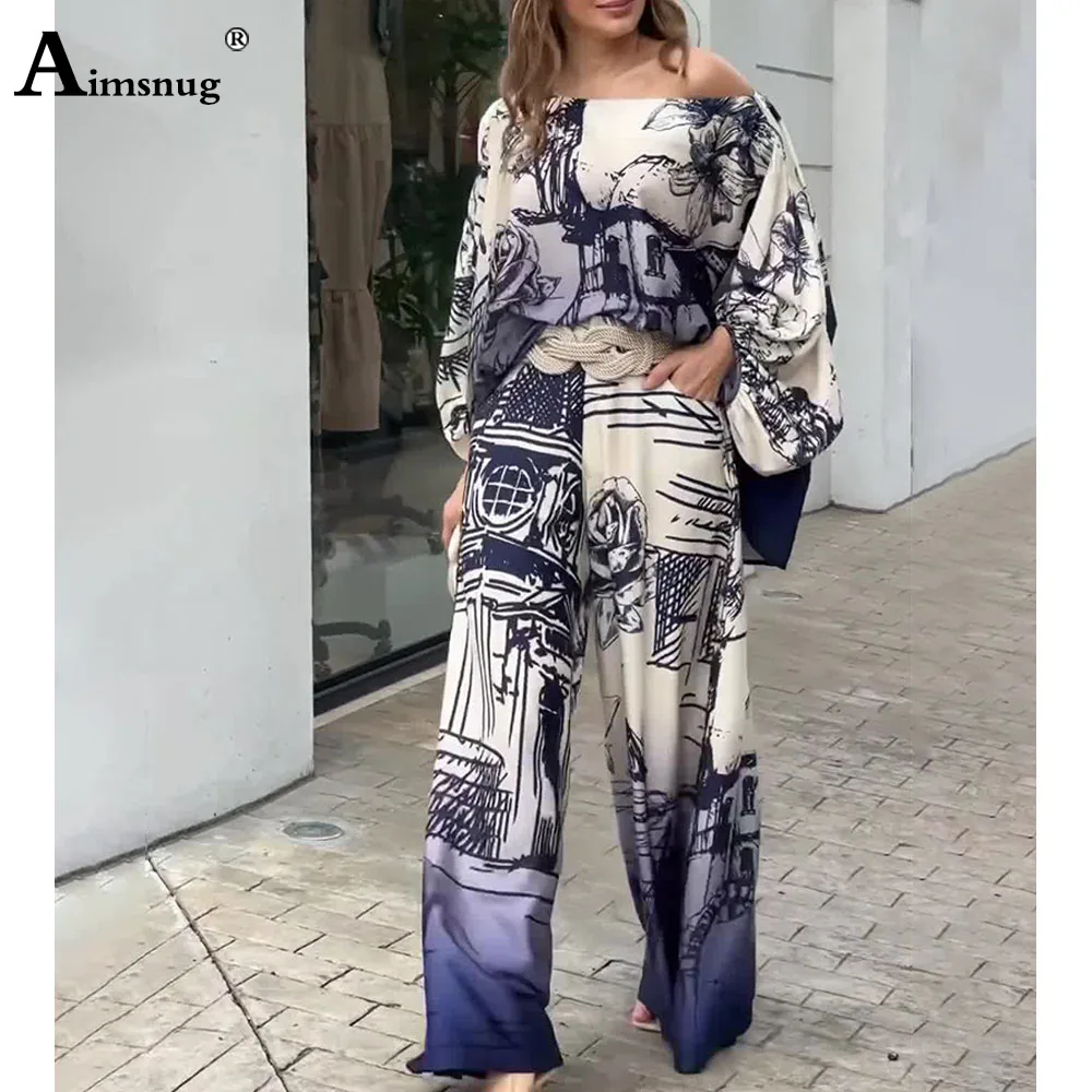 

Women Batwing Sleeve Two Piece Sets 2024 New Summer Vintage 3D Print Blouse and Wide Leg Pants Suits Female Loose Tracksuits Set