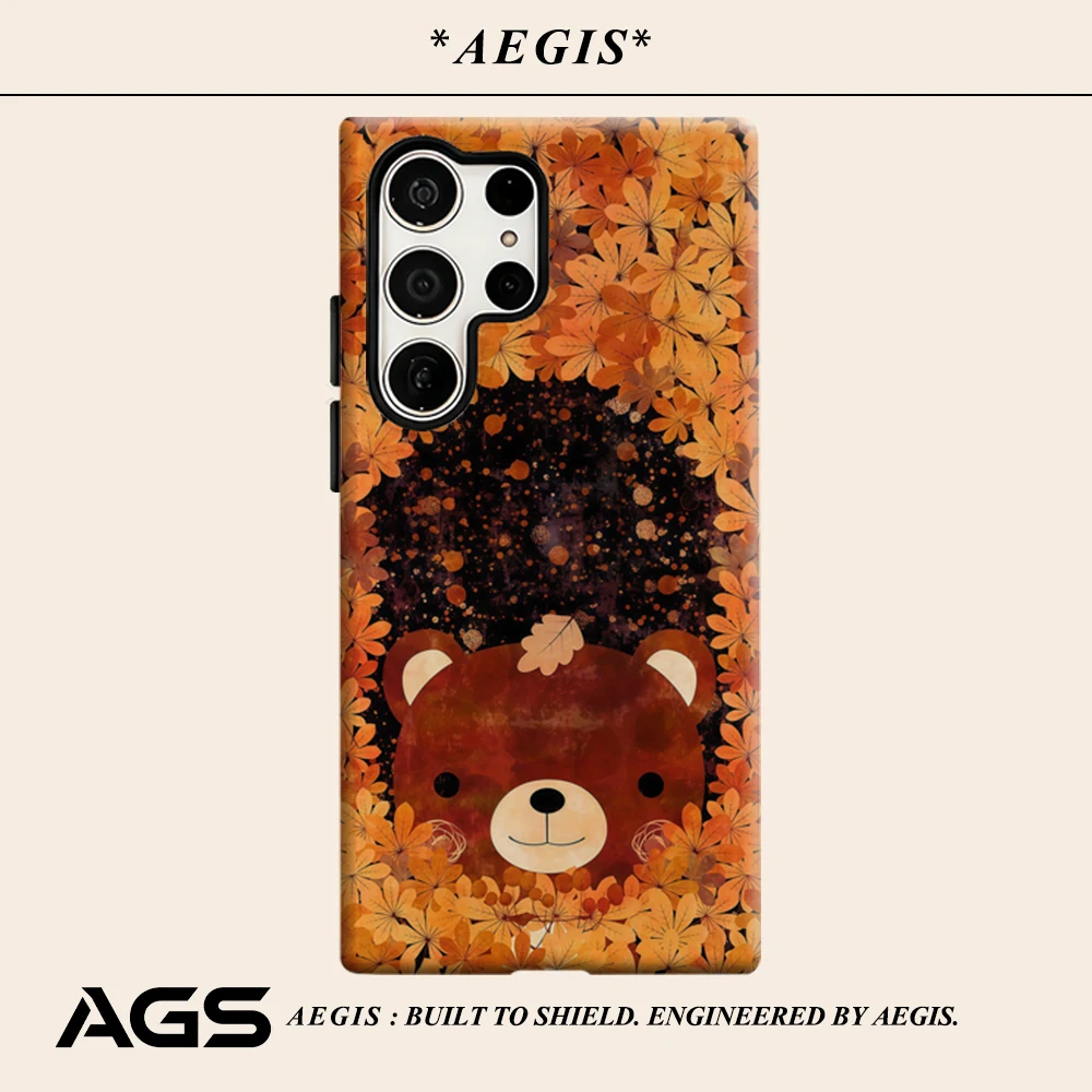 Autumn Maple Bear Phone Case for Samsung Galaxy S25 Ultra S24 S23 Ultra Plus Glossy Double-layer Back Cover
