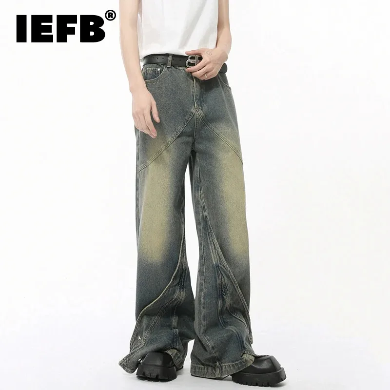 IEFB Niche Design Men's Denim Pants Ribbon Design Personalized Trousers Solid Color Casual Straight Wide Leg Male Jeans 9C8737