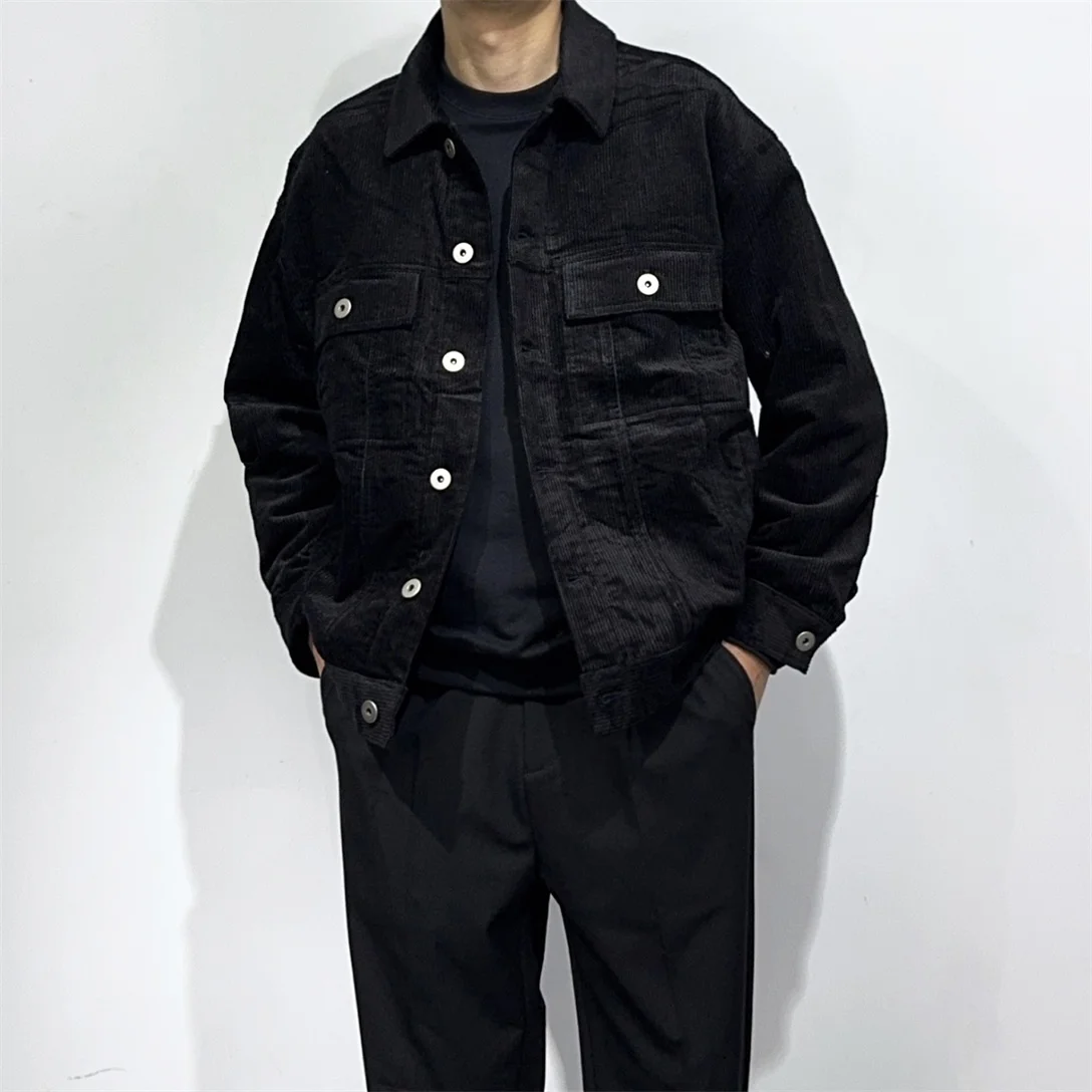 

Spring Autumn Pure Bla Corduroy Jaet Loose Casual Workwear Coat Men's Versatile Flannel Top Trendy Turn-down Collar Coat