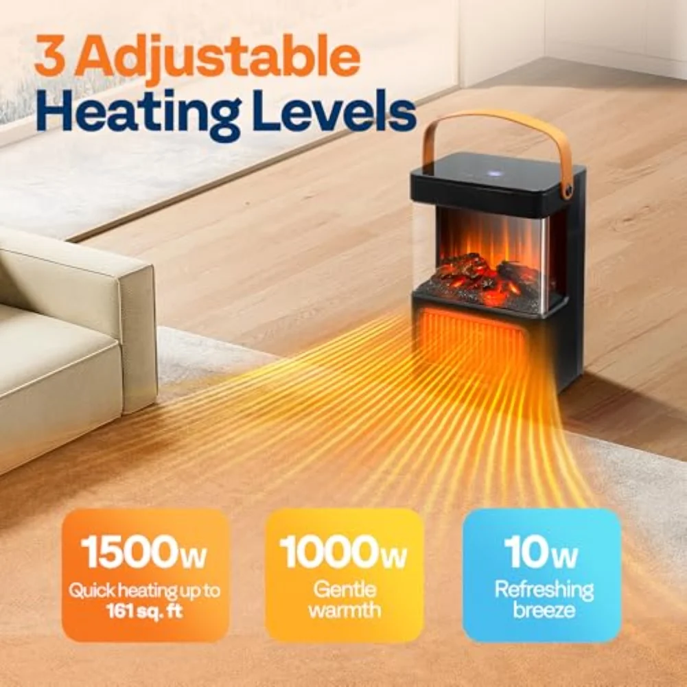 Portable Electric Fireplace Space Heater With Realistic Flame & Log Effect, Remote Control, Touch Panel, Timer, Safe Indoor Warm