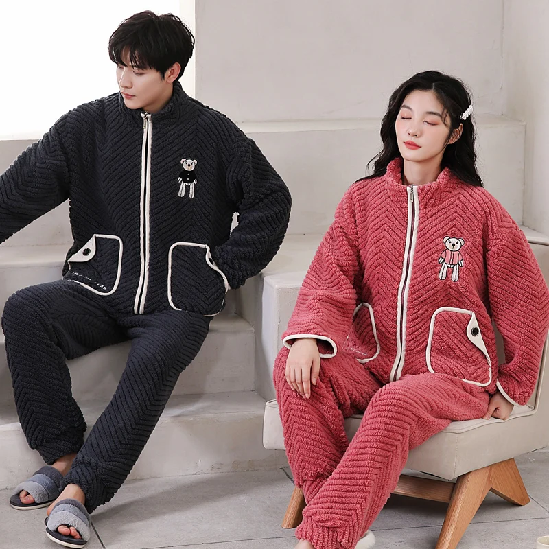 High Quality Couple Flannel Sleepwear Women Men Warm Fleece Pijama Winter Cute Cartoon Pajamas Set Lovers Kimono Home Clothes