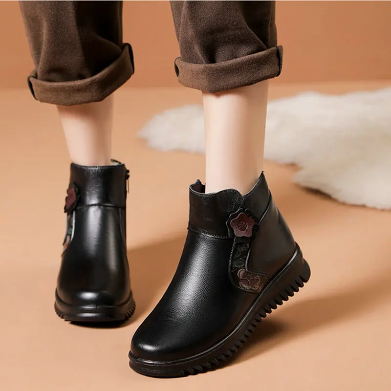 Women Boots Winter Shoes Fashion Woman Genuine Leather Wedges Ankle Boots Casual Keep warm Women Snow Boots plus size 35-42