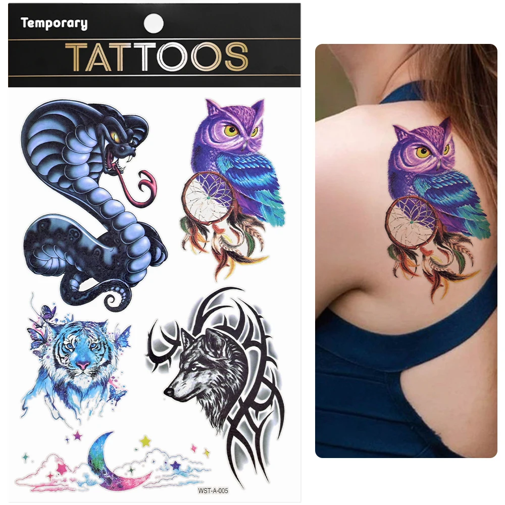 Colorful Animal Waterproof Tattoo Sticker 3D Wolf/Snake/Owl Temporary Tattoo 27*16cm Plus Size Women Men Body Art Arm Fake Tatoo