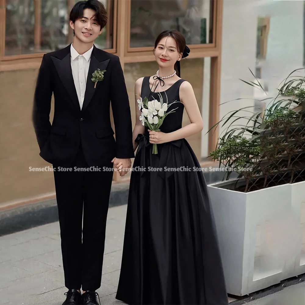 Vestidos de novia con lazo negro, satén, cuello redondo, corte en A, Corea ..........., largo, sin tirantes, sencillo, elegante, para fiesta, personalizado