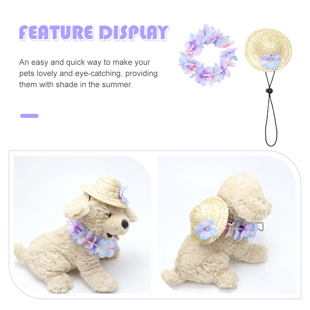 

1Set Hawaiian Pet Straw Hat Garland Summer Party Adjustable Pet Caps Breathable Dog Cat Wear Puppy Hat and Garland