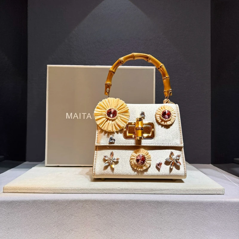Original Vintage Lafite Grass Gem Flower Tote Handmade Square Bamboo Knot Lock Bag Beach Resort Style Bags for Women