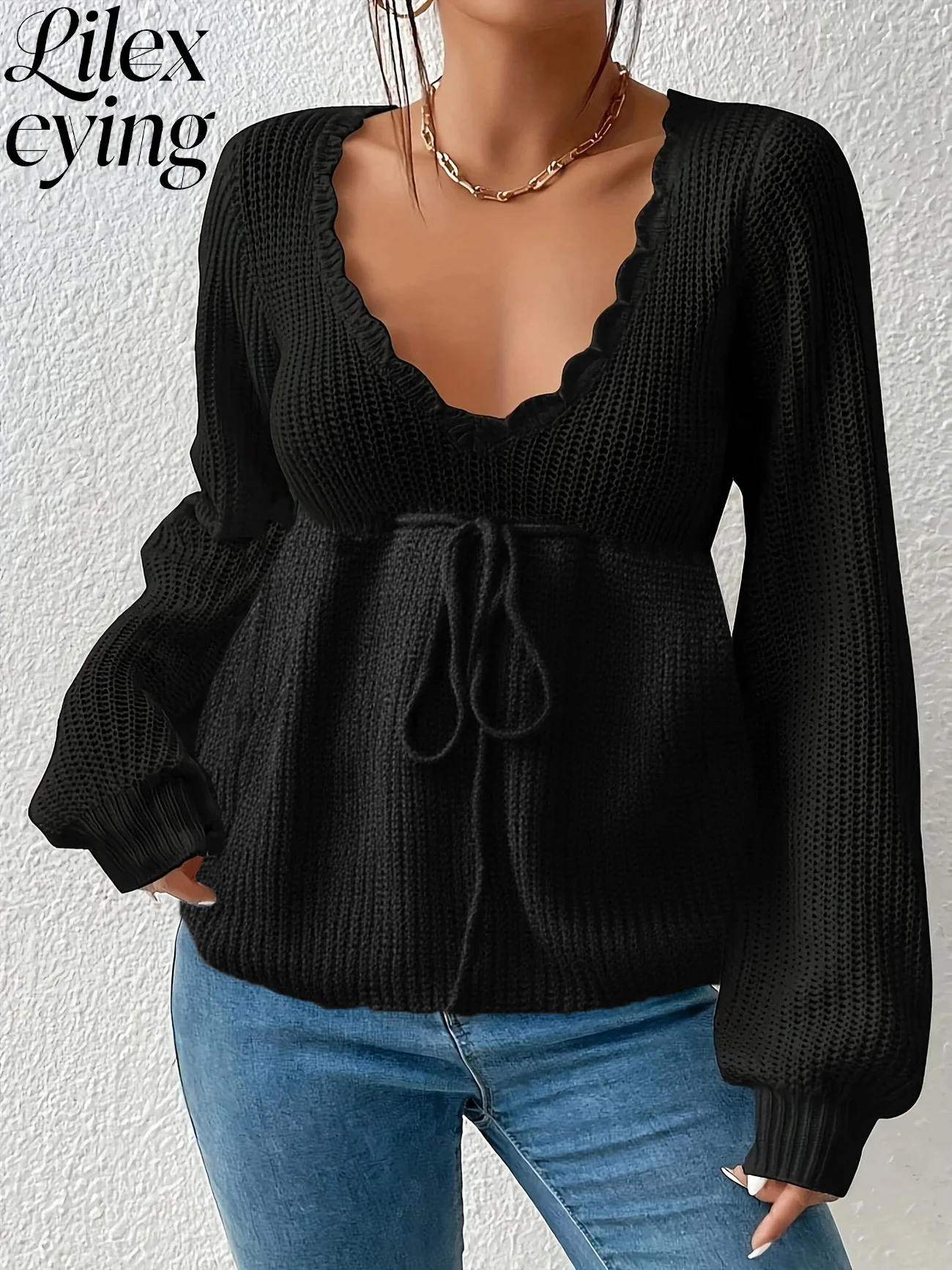 

Женский черный вязаный топ Lilexcying с V-образным вырезом, рюшами и пышными рукавами, повседневный свитер с завязками на талии