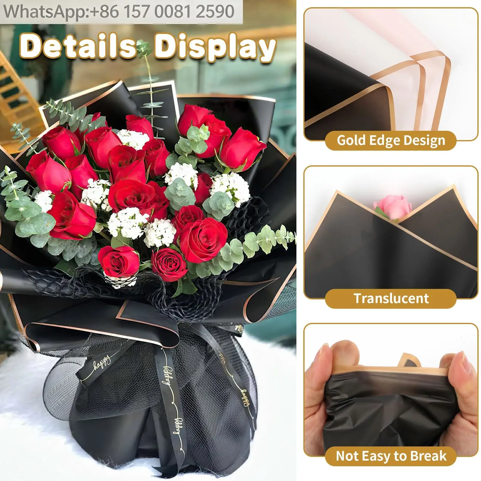 20 Sheets Black Flower Wrapping Paper with Golden Edges, Korean Florist Bouquet Supplies, Waterproof Packaging, Great for DIY Cr