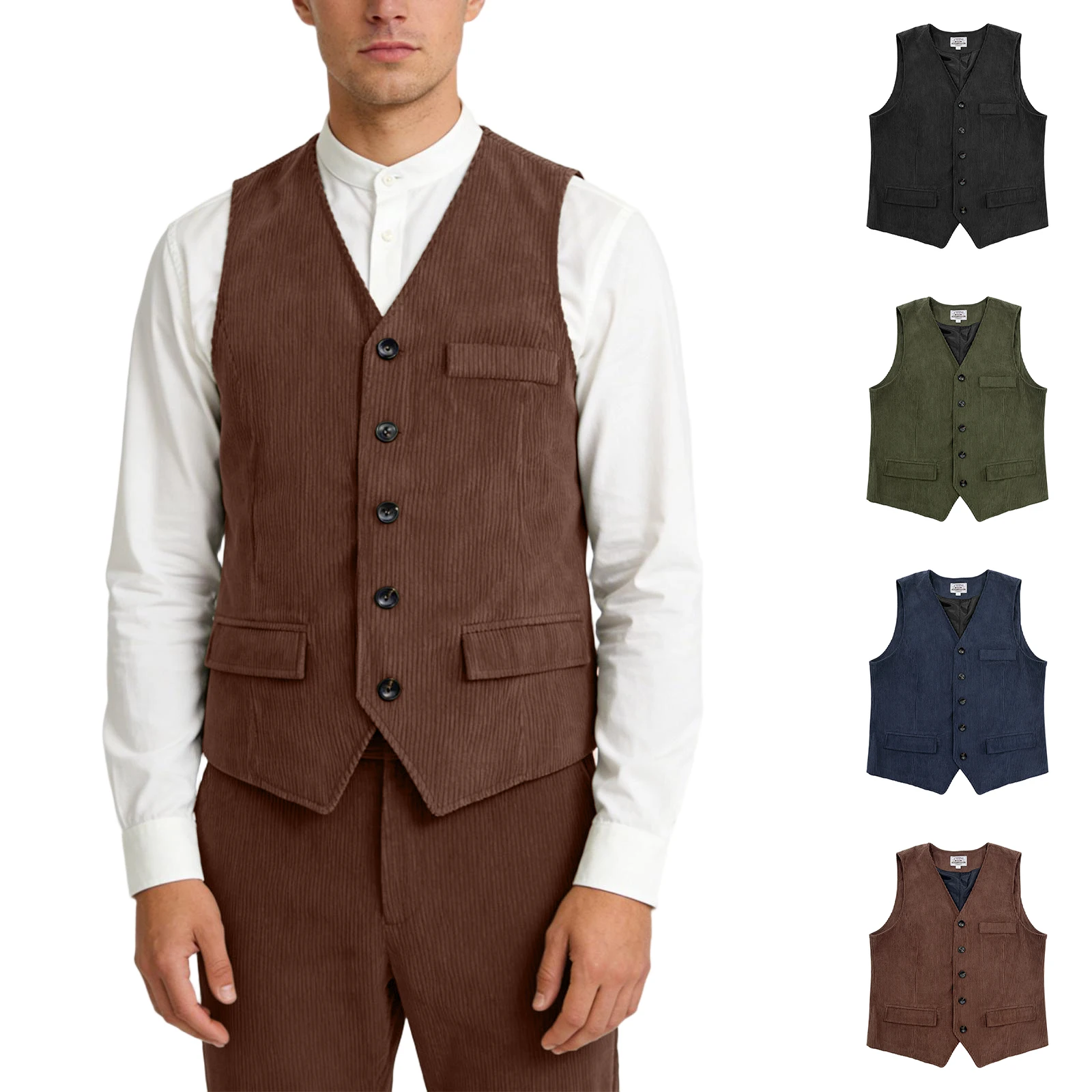 

Мужской вельветовый однобортный жилет, винтажный повседневный жилет без рукавов, однотонный вельветовый жилет с карманами, модный жилет