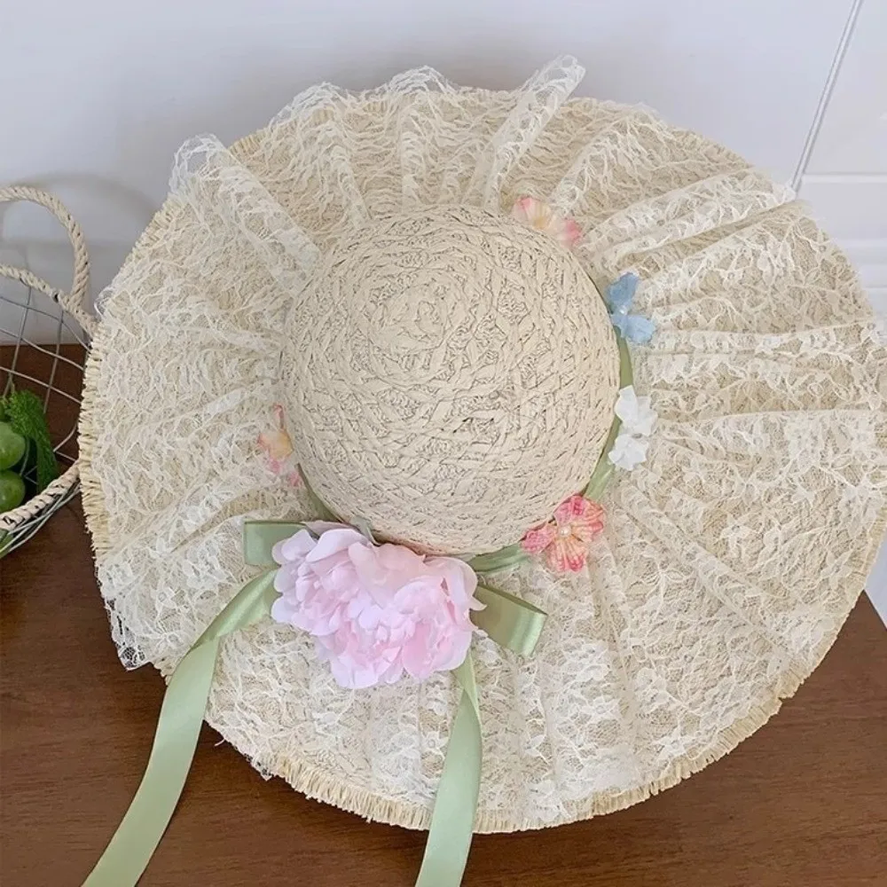 

Elegant Flower Lafite Straw Hat Breathable Big Brimmed Vacation Beach Cap Sunshade Lace Woven Sun Cap Masquerade