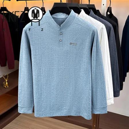 Business Casual Stand Collar Top For Males Long Sleeve Button Placket Soft Textured Fabric Travel Friendly Clothing