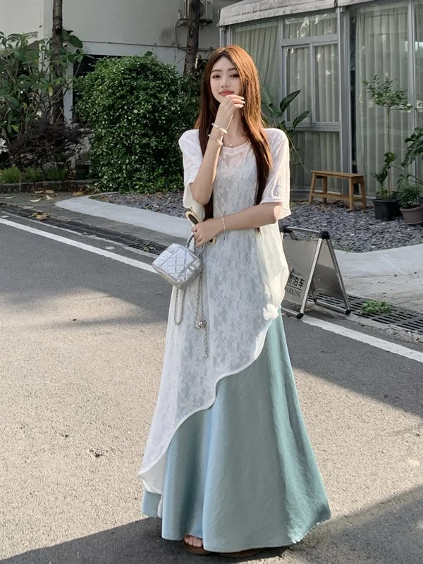 

plus Size Women's Gentle Style Strap Dress Summer Beautiful Irregular Mid-Length Lace Short-Sleeve Top Korean Style Loose Fit