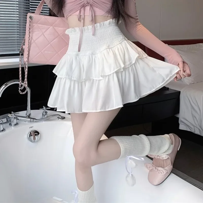 

Solid Ruffle Mini Skirt Women Summer Korean Fashion High Waist Elastic Patchwork Teen Girls Kawaii Layer Skirts Cute Clothes