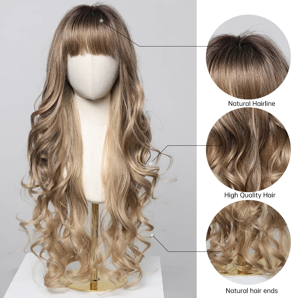 30 inch Brown to Blonde Golden Ombre Synthetic Wigs for Women Long Wavy Curly Wigs With Bangs Daily Party Heat Resistant Wig