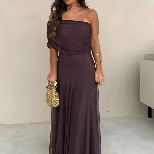 Imagen 2 del producto Vestido Sexy sin mangas para ir al trabajo, vestido largo ajustado sin tirantes de cintura alta, vestido de fiesta de Color sólido con empalme de malla elegante para mujer