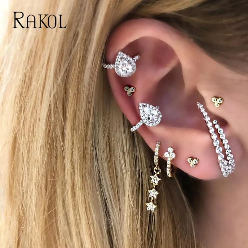 RAKOL 1 Piece Teardrop Cubic Zirconia No Piercing Ear Cuff Clip on Earrings for Women Fashion White Gold Color CZ Jewelry Gifts