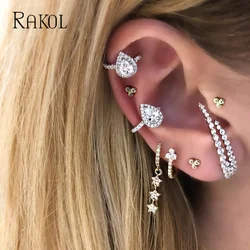 RAKOL-Brincos de Zircônia Cúbica para Mulheres, Punho de Orelha Teardrop, Sem Piercing, Jóias da Moda, Cor Ouro Branco, Presentes CZ, 1 PC