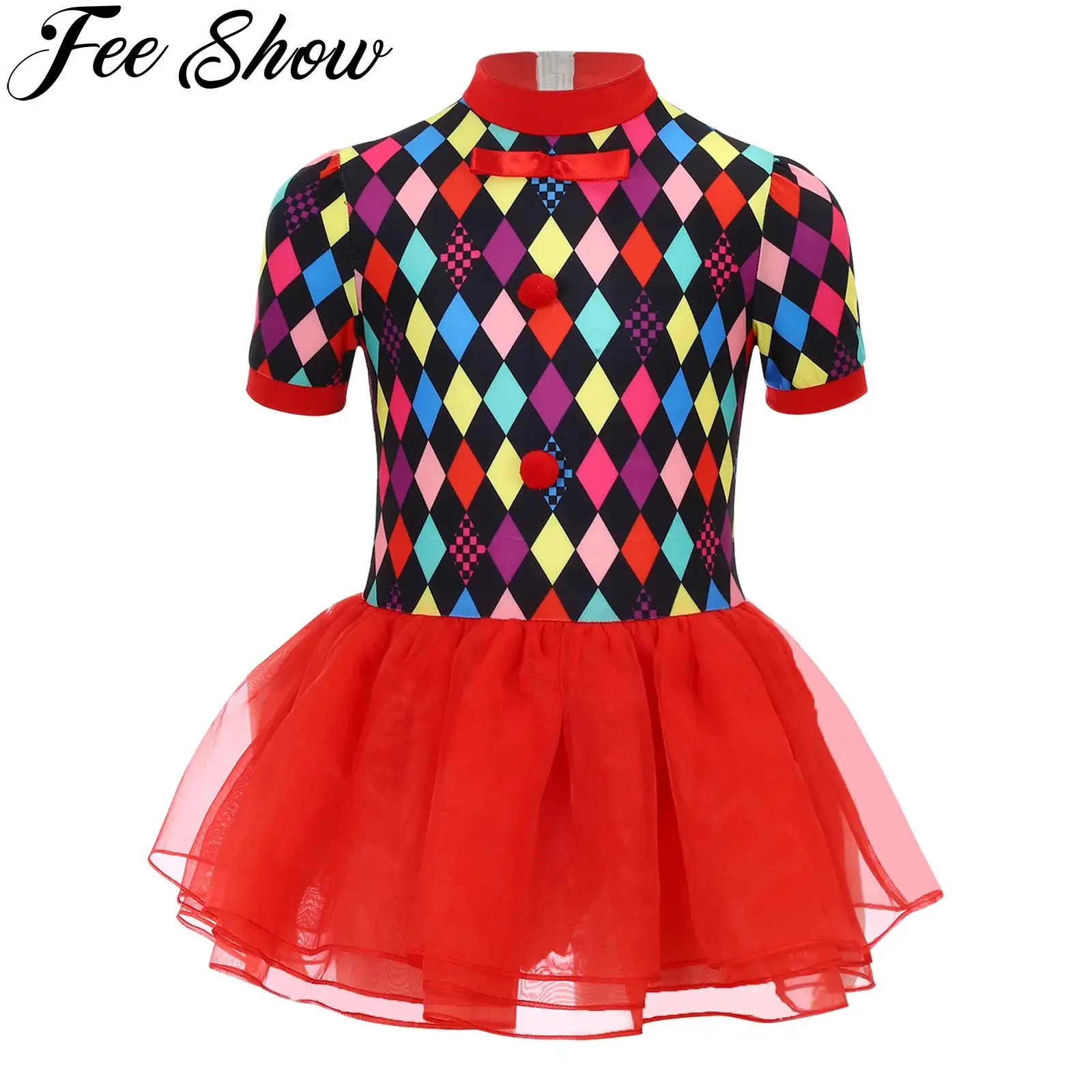 Children Girls Halloween Circus Clown Cosplay Costume Short Sleeve Mesh Ballet Dance Tutu Dress Carnival Theme Party Outfits