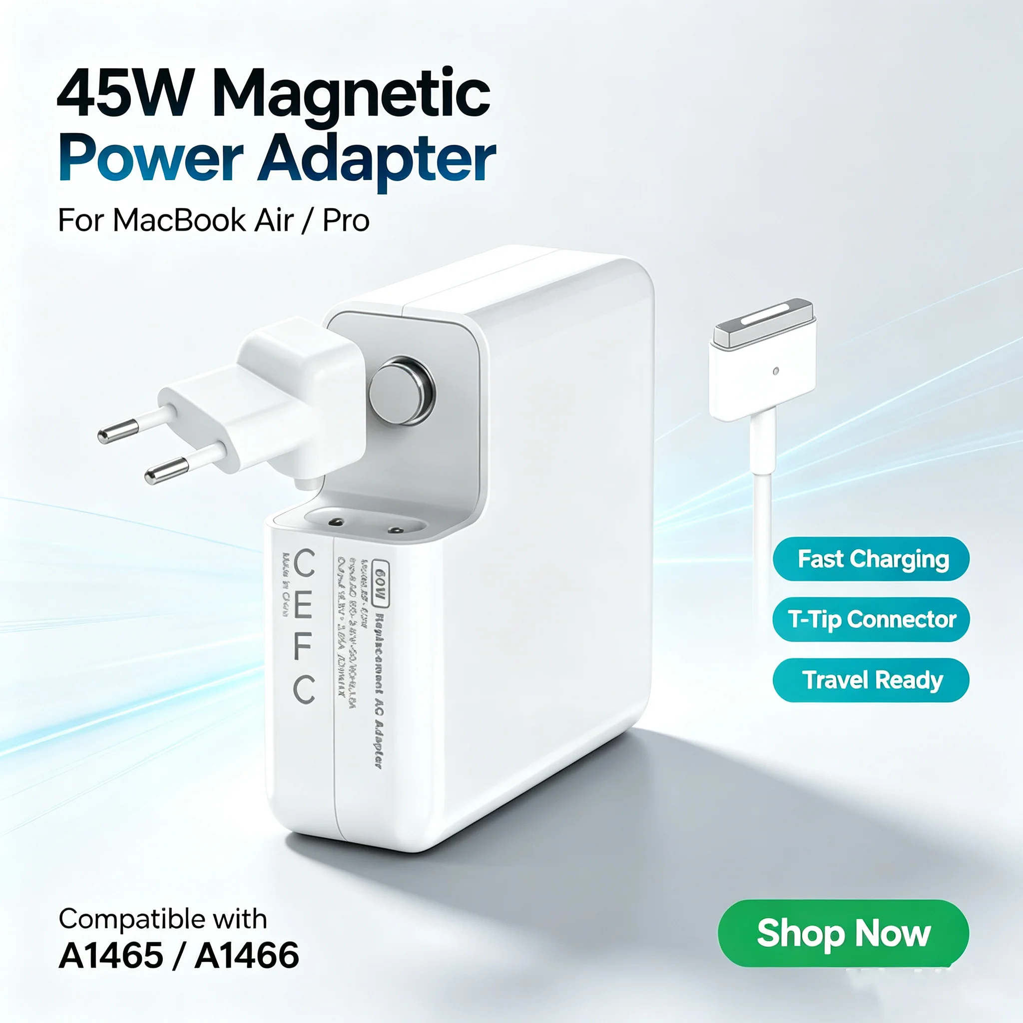 45W T-Tip Magnetic Power Adapter for MacBook Air A1465 A1466 A1436 CE FCC RoHS UKCA Certified