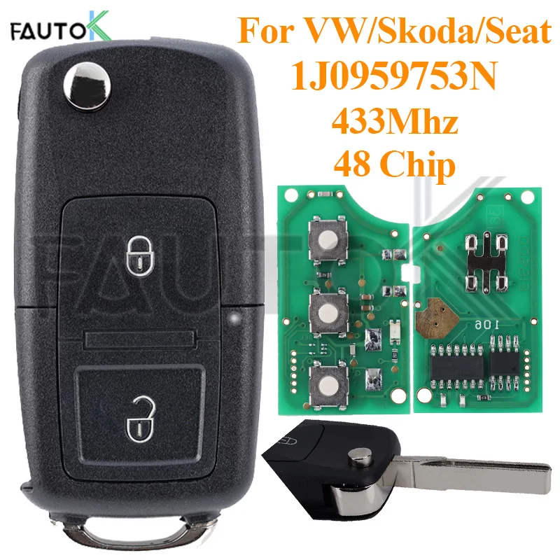 Keyless Car Key For VOLKSWAGEN VW Beetle Bora Golf SEAT Toledo SKODA Octavia Auto Flip Fob 1J0959753N 433Mhz ID48 Blade HU66