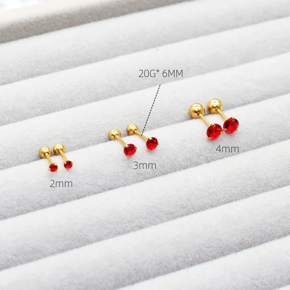 Stud Earrings Stainless Steel 20G A Set Screw-Back With 2 3 4MM Round Red Glass Delicate And Beauty Fashion
