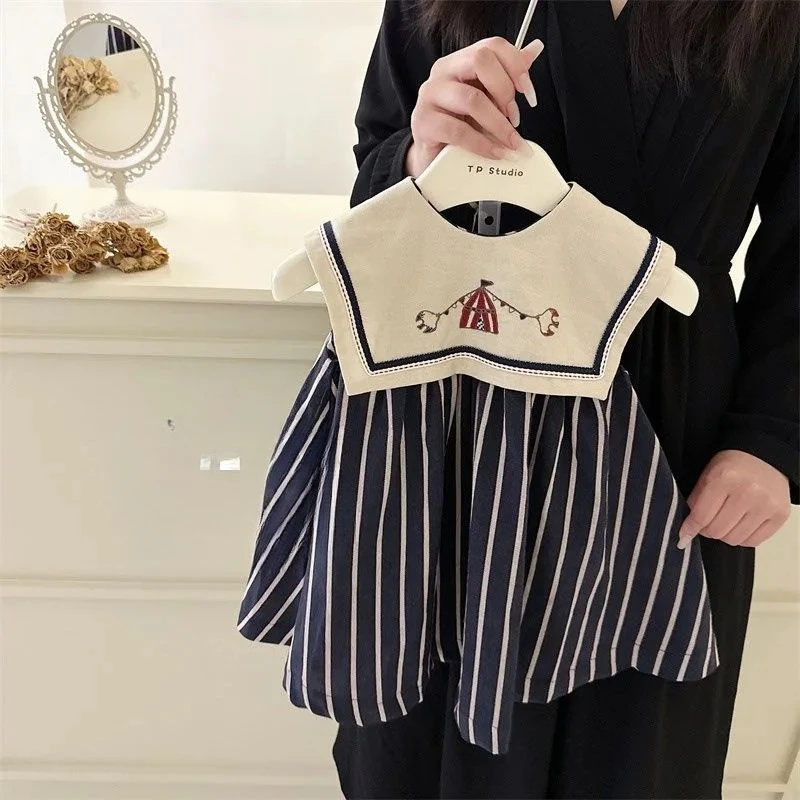 

Детская одежда, летнее платье из чистого хлопка, повседневное платье без рукавов с большим вырезом и вышивкой в полоску для девочек, летнее платье 2025 г.