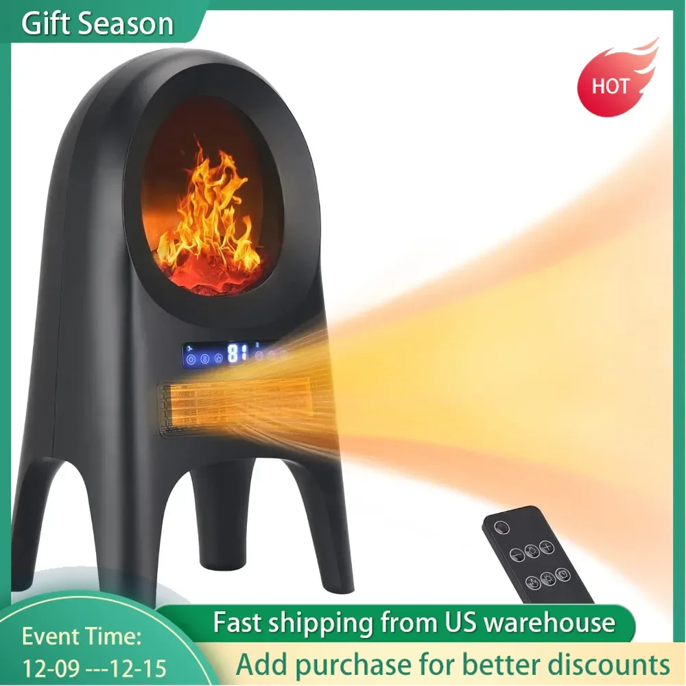 Indoor Space Heater, 1500W Ceramic Electric Heater with Flame, 24 Inch Remote 8H Timer Tower Heater with Thermostat