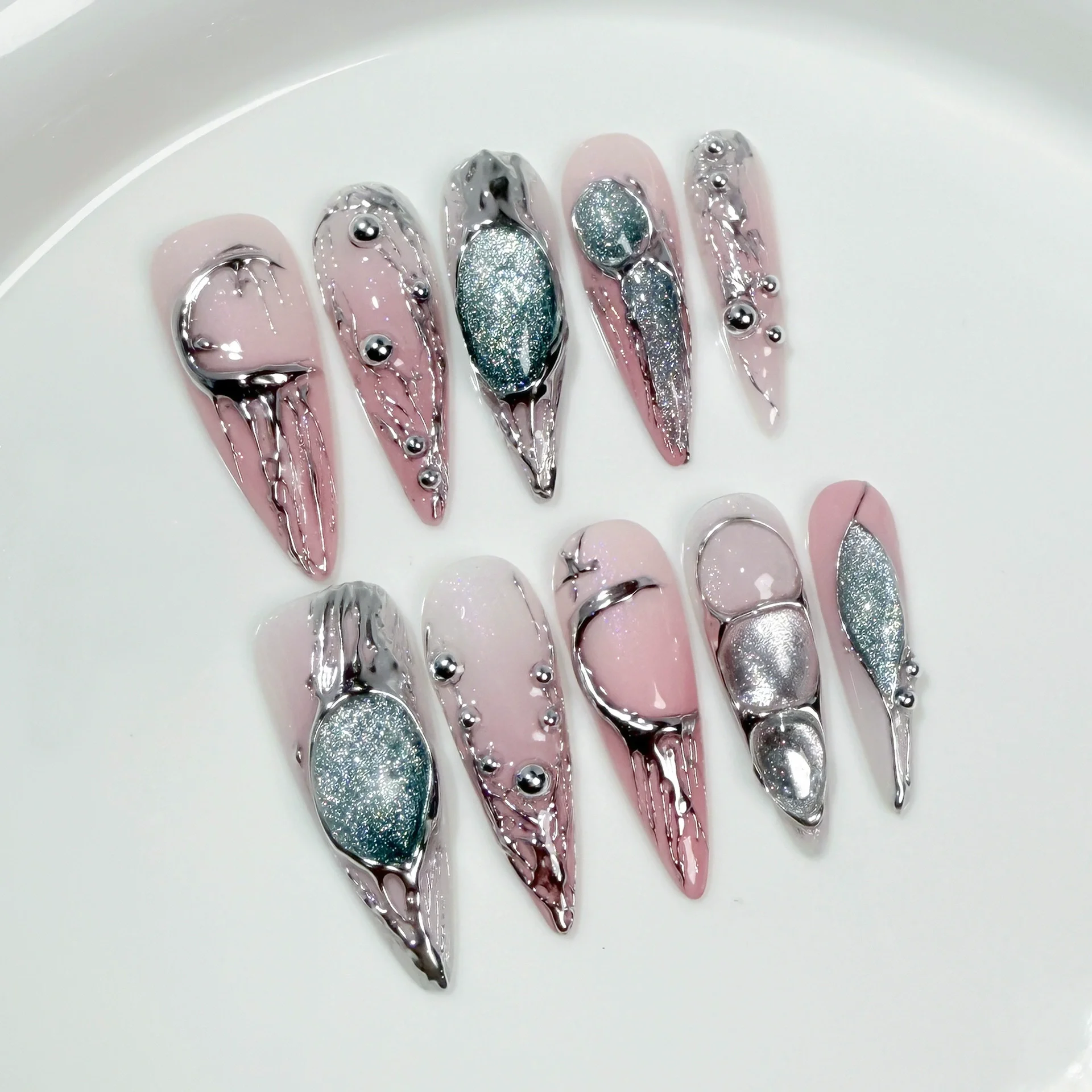10 Stück lange, handgefertigte Stiletto-Nägel zum Aufdrücken, Retro-Kunstnägel mit 3D-Dekoration, Falschnägel, Diego Diego Diego Diego Vaj Mohamed Uñas Postizas – Detail 5