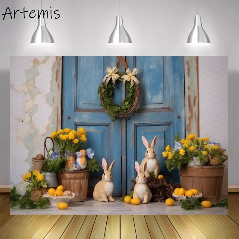 

Easter Photography Backdrop Easter Decor Old Blue Door Bunny Light Yellow Children's Birthday Portrait Background Photo Studio