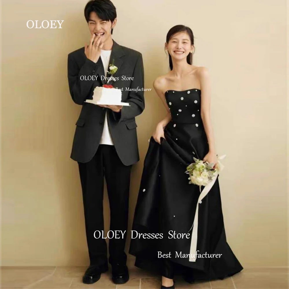 

OLOEY Korea Black Evening Dresses Strapless Taffeta Diomands Wedding Photoshoot Dresses Floor Length Prom Dress Corset Custom