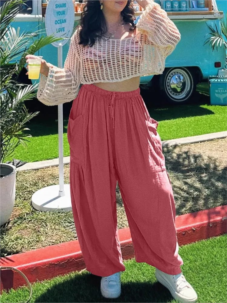 Plus Size Women's Trousers Linen Loose High Waist Drawstring Wide Leg Pants Casual Fake Daily Commuting Nine-point Pants Summer