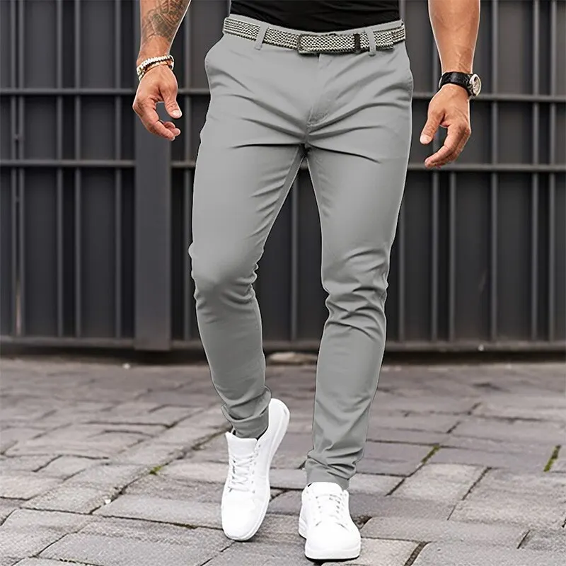 Pantaloni slim fit da uomo in tinta unita con tasche frontali e cerniere per abbigliamento casual da lavoro con pantaloni con fondo affusolato da uomo