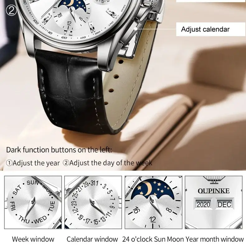 OUPINKE Original Automatic Mechanical Watch for Men Leather Waterproof Luxury Brand Moon Phase Men\'s Wristwatches Reloj Hombre