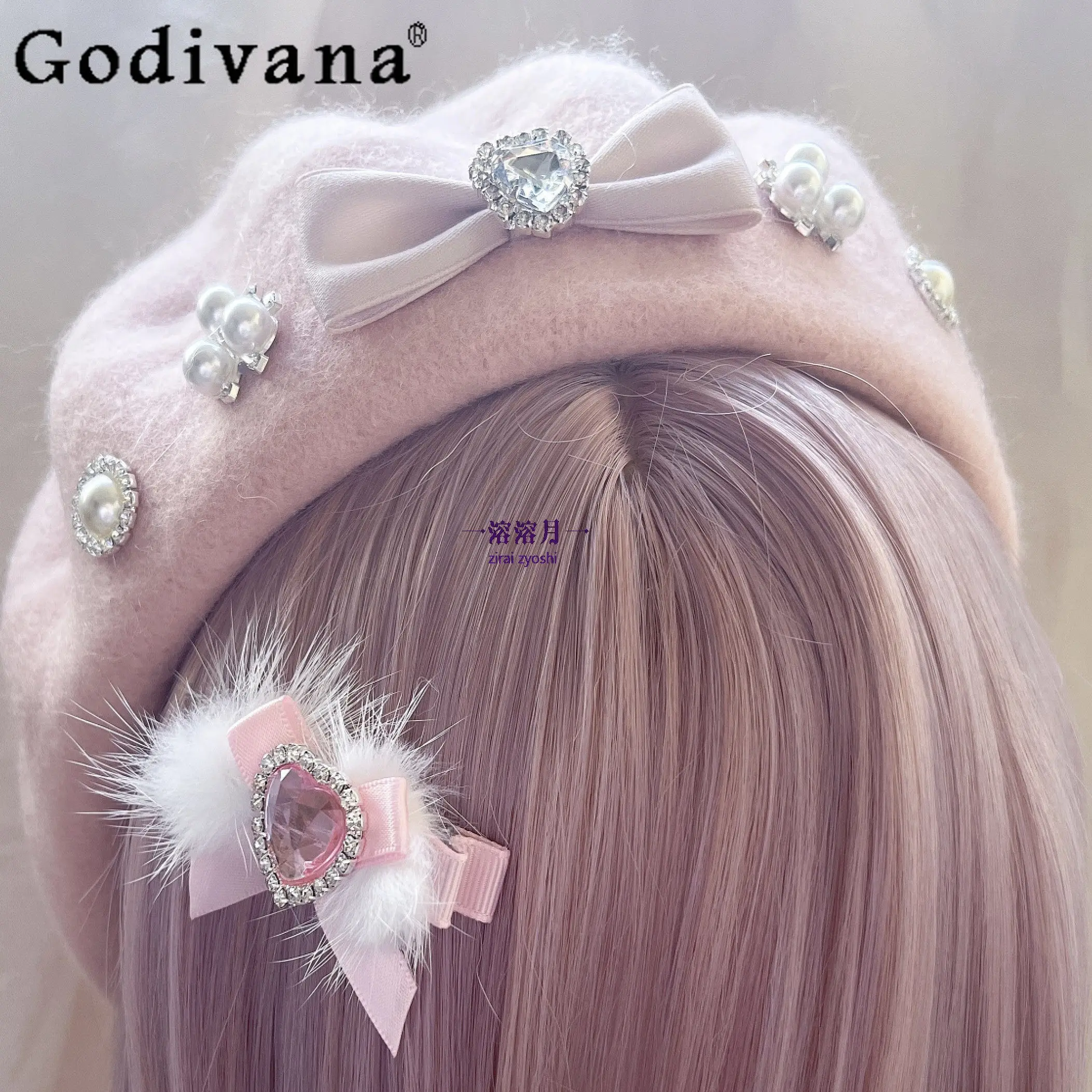 

Береты в стиле Лолиты ручной работы в японском стиле, осенне-зимняя шляпа для девочек с милым бантом и стразами, шляпа тяжелой промышленности для женщин, 2025 г.