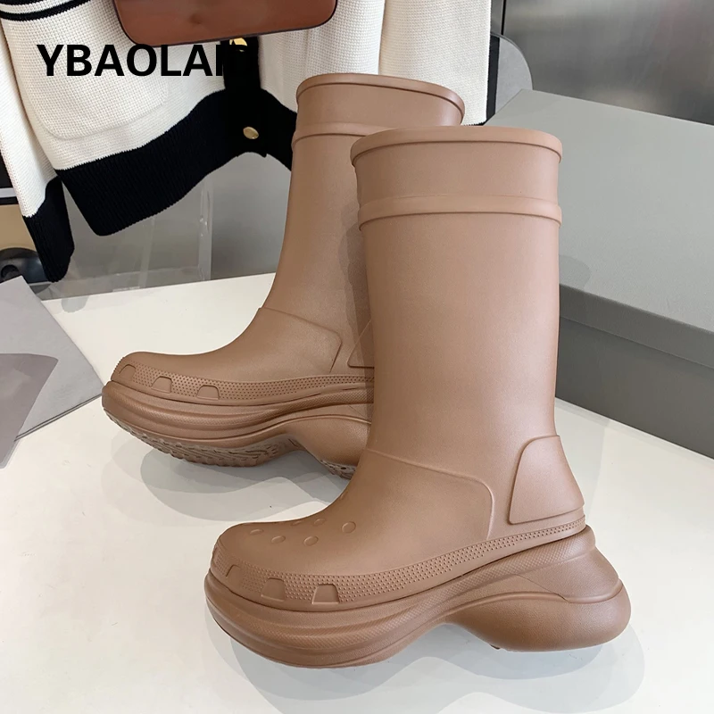 

Luxury Brand Rubber Waterproof Rain Boot Women Thick Sole Platform Flat Round Toe Slip on Knee High Boots Unisex Couples Size 45