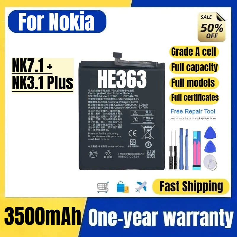 

HE363 for Nokia NK7.1 +/NK3.1 Plus Mobile Phone Battery High Quality High Capacity Replacement Bateria Grade A Cell with Tools