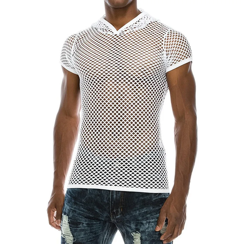 Men T Shirt Mesh Transparent Hooded T-shirts Sexy Streetwear Fashion Party Nightclub Men Black White Clothing