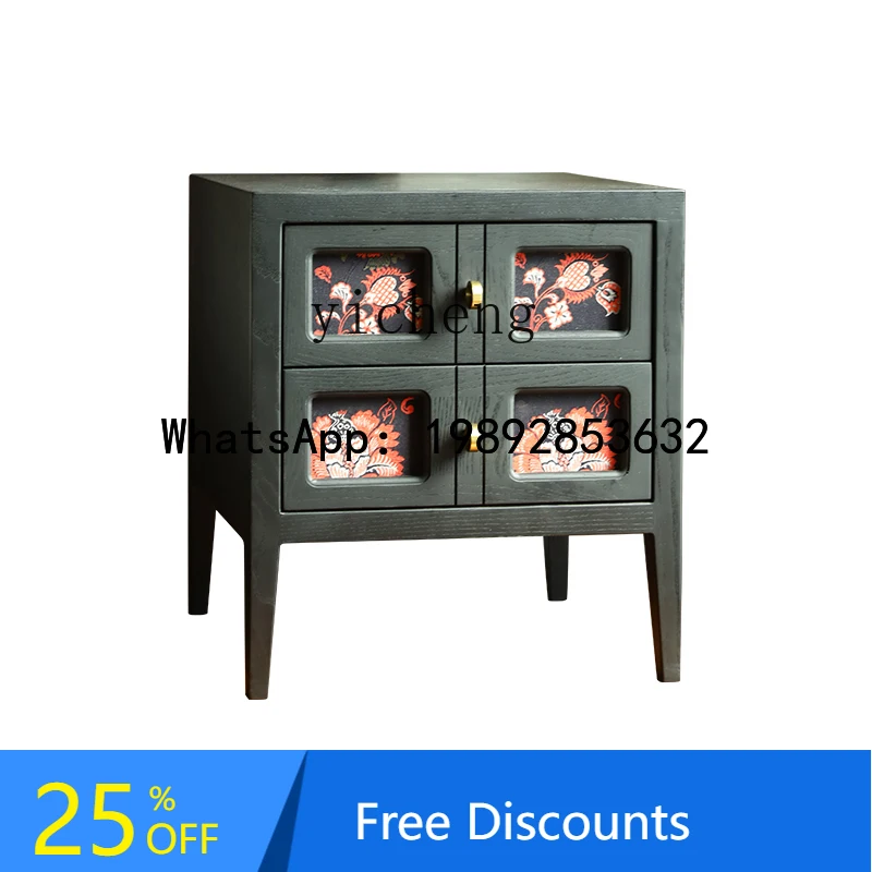 

French retro national style bedside table solid wood black medieval bedside table short cabinet